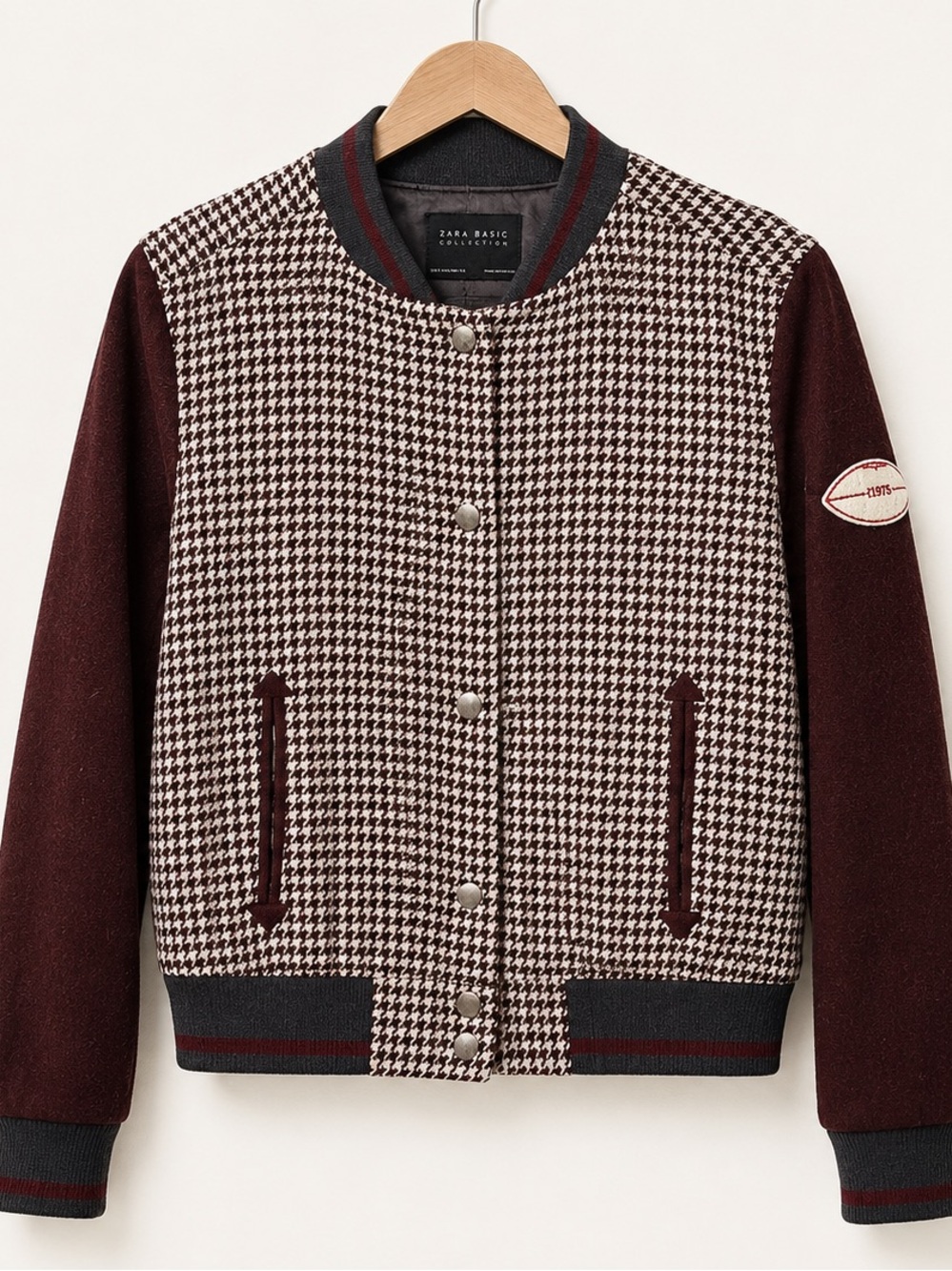 Zara Z1975 Houndstooth Wool Varsity Bomber Jacket Burgundy Women S